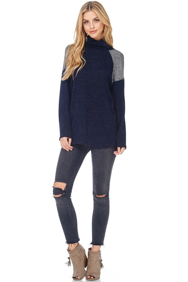 Navy and Silver Cowl Neck Sweater