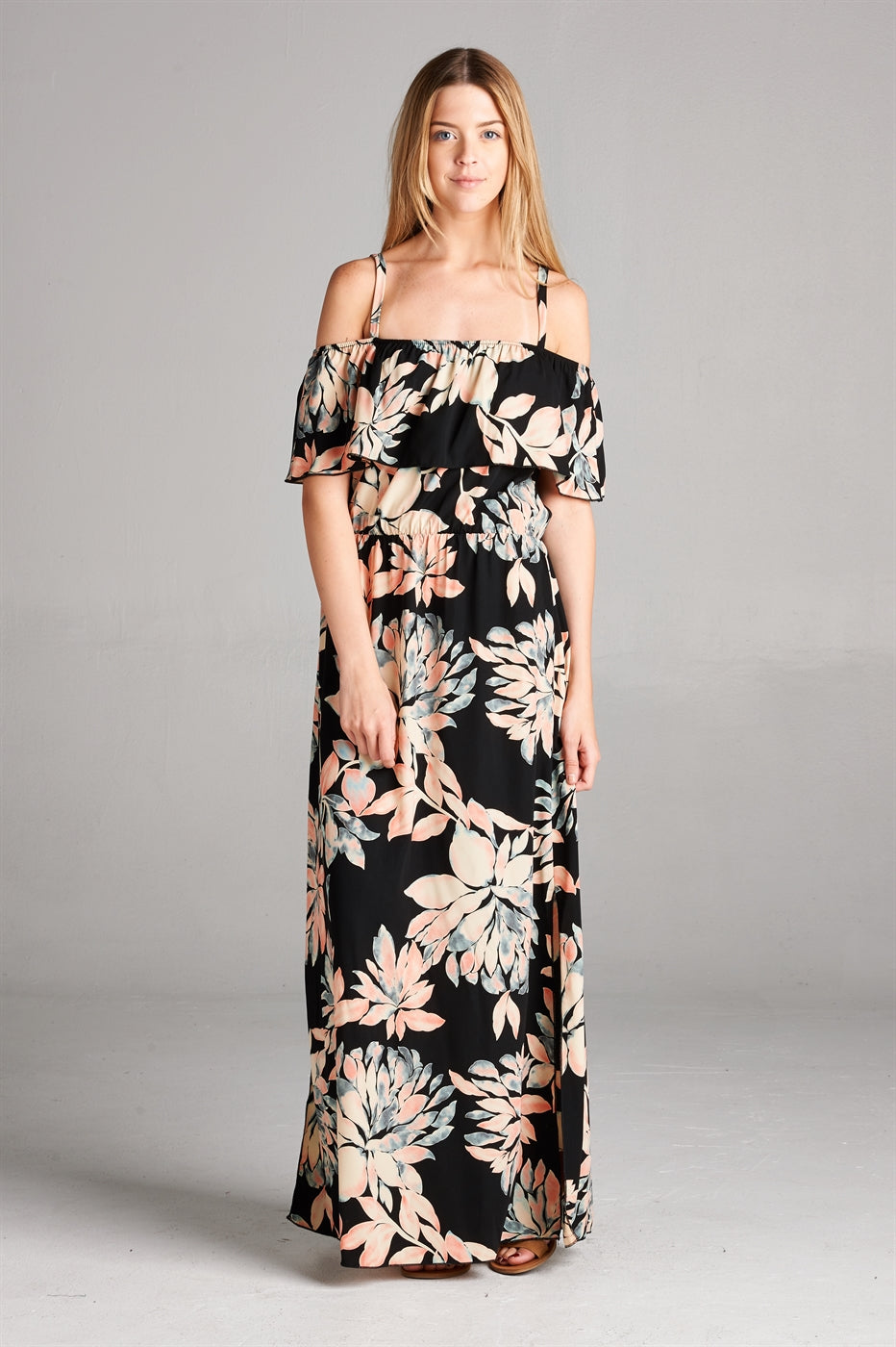 Ruffle Neckline Floral Maxi