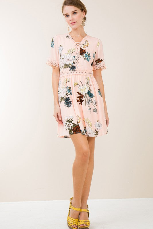 Lace Up Floral Dress
