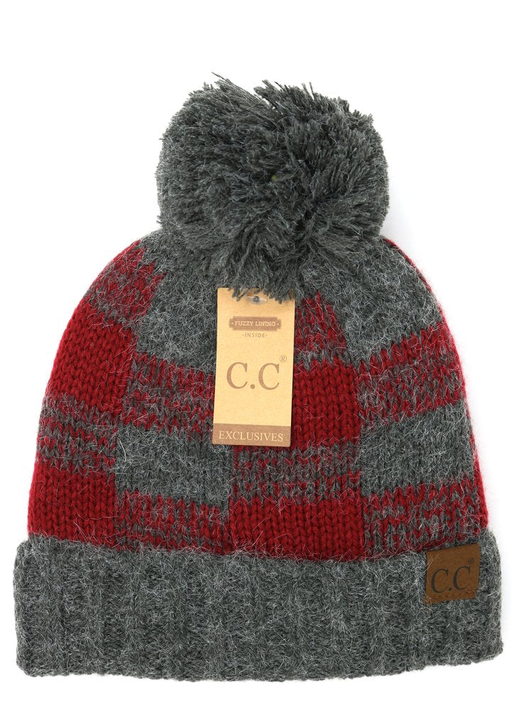 Fuzzy Lined Buffalo Check Print CC Pom Beanie