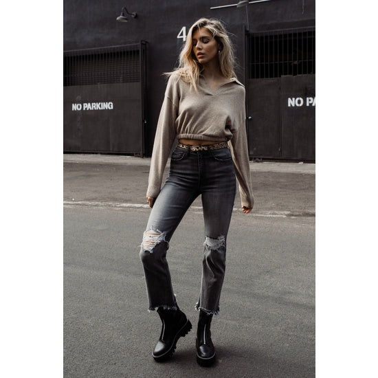 High-Rise Distressed Straight Leg with Frayed Hem